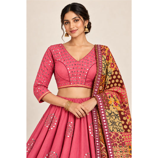Mirror Embroidered Lehenga Choli Dupatta Set Pink Pure Cotton Real Chaniya Choli for Garba Kalamkari Indian Dress Women By KreatvKraft