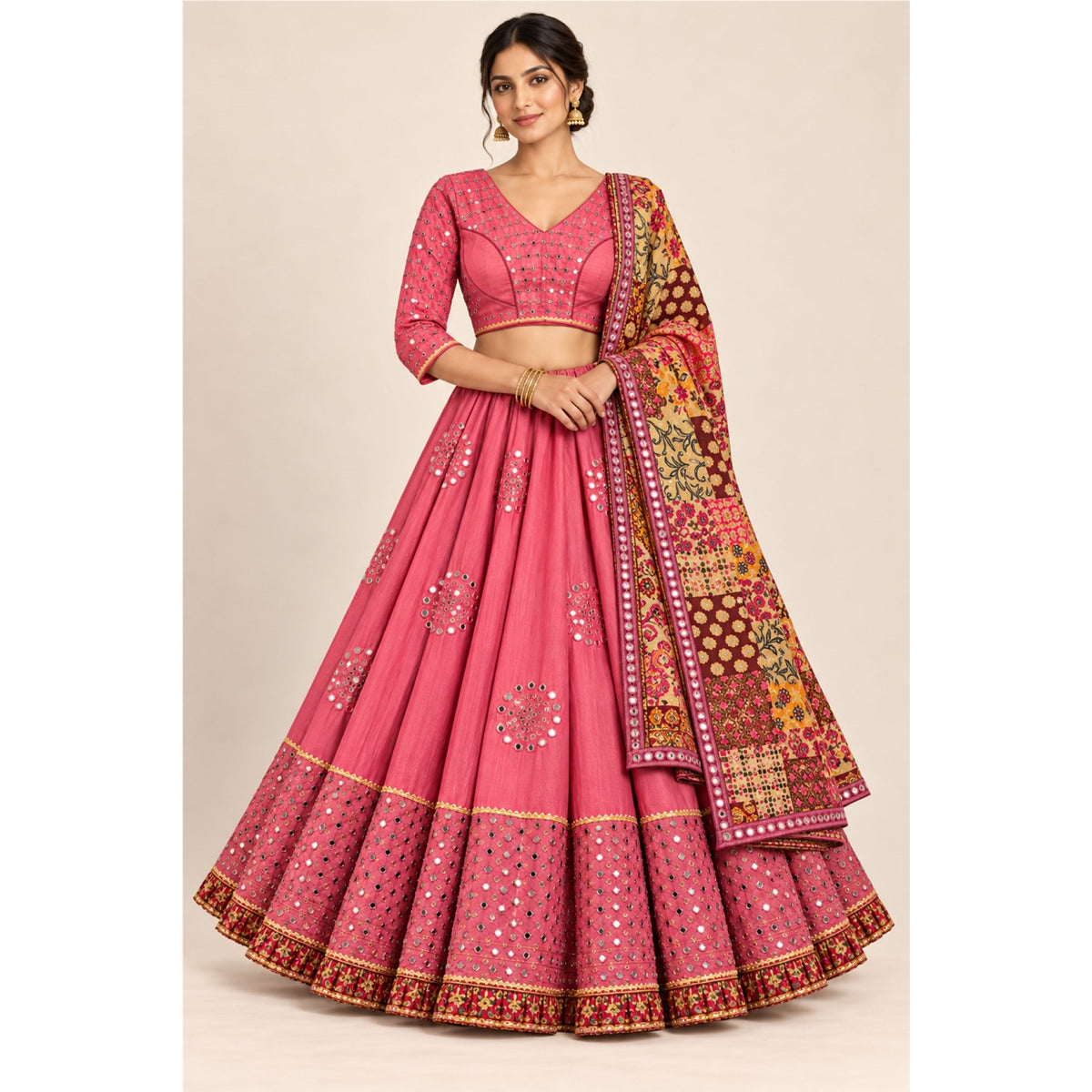 Mirror Embroidered Lehenga Choli Dupatta Set Pink Pure Cotton Real Chaniya Choli for Garba Kalamkari Indian Dress Women By KreatvKraft
