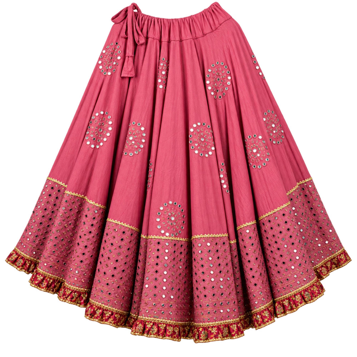 Mirror Embroidered Lehenga Choli Dupatta Set Pink Pure Cotton Real Chaniya Choli for Garba Kalamkari Indian Dress Women By KreatvKraft