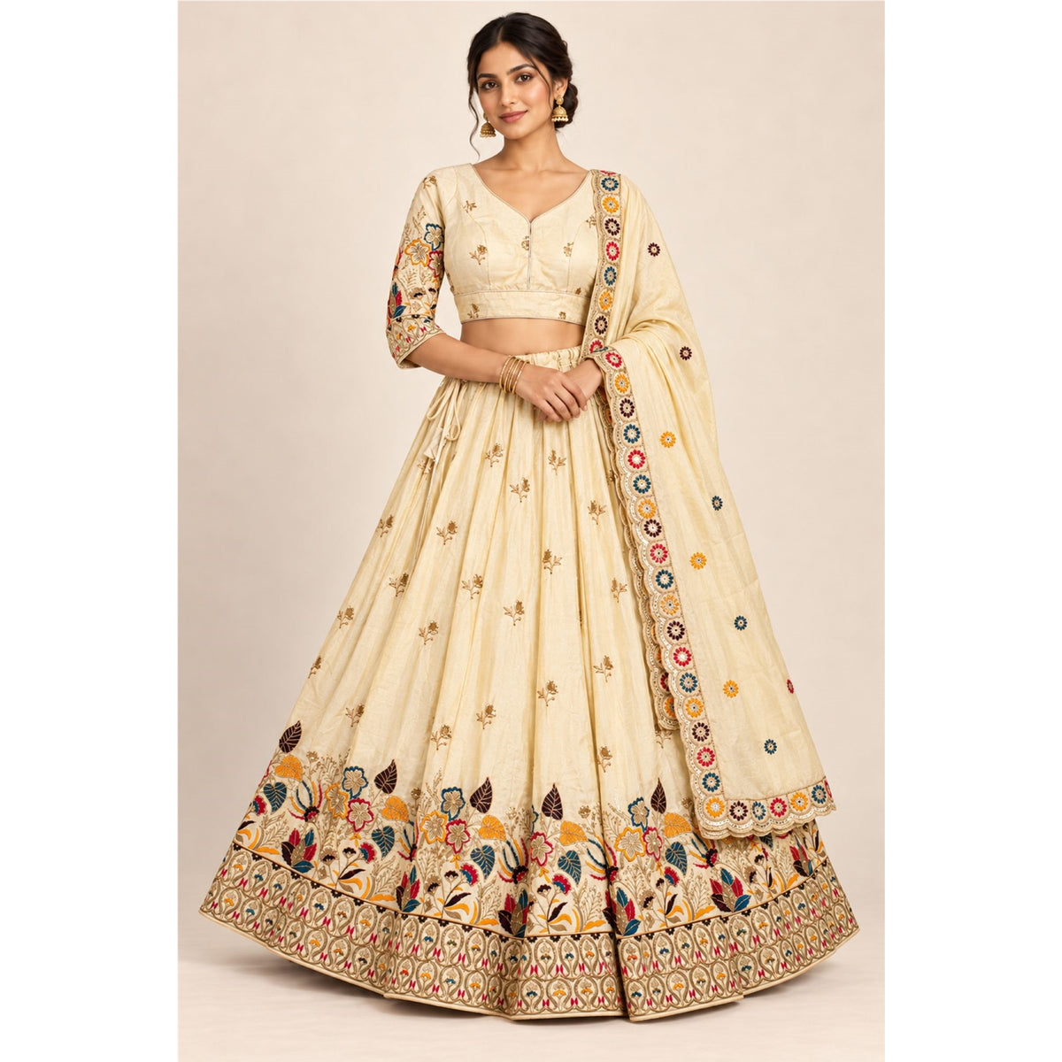 Zari Embroidered Sequins Lehenga Choli Set Cream Art Silk Floral Chaniya Choli Indian Wedding Party Festive Dress for Women By KreatvKraft