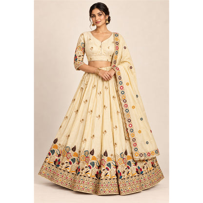 Zari Embroidered Sequins Lehenga Choli Set Cream Art Silk Floral Chaniya Choli Indian Wedding Party Festive Dress for Women By KreatvKraft