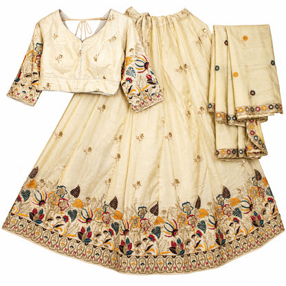 Zari Embroidered Sequins Lehenga Choli Set Cream Art Silk Floral Chaniya Choli Indian Wedding Party Festive Dress for Women By KreatvKraft