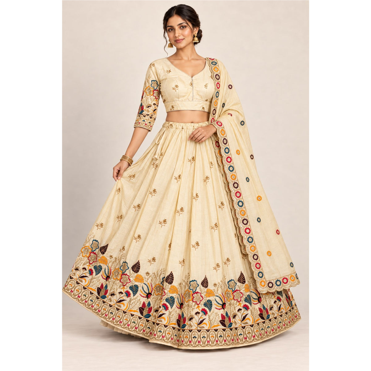 Zari Embroidered Sequins Lehenga Choli Set Cream Art Silk Floral Chaniya Choli Indian Wedding Party Festive Dress for Women By KreatvKraft