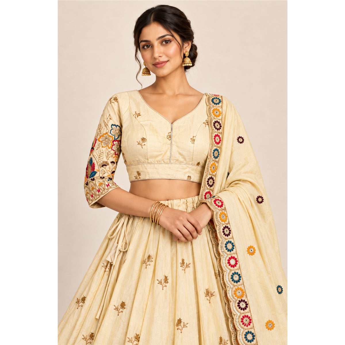 Zari Embroidered Sequins Lehenga Choli Set Cream Art Silk Floral Chaniya Choli Indian Wedding Party Festive Dress for Women By KreatvKraft