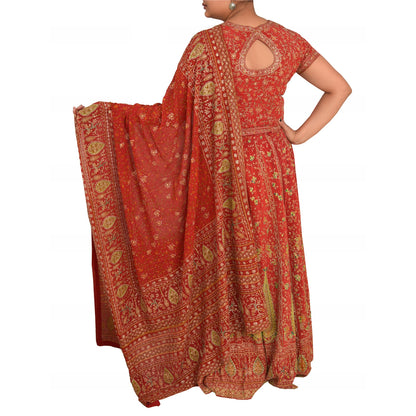 Sanskriti Vintage Pure Crepe Silk Dark Orange Heavy Stitched Lehenga Set Zari