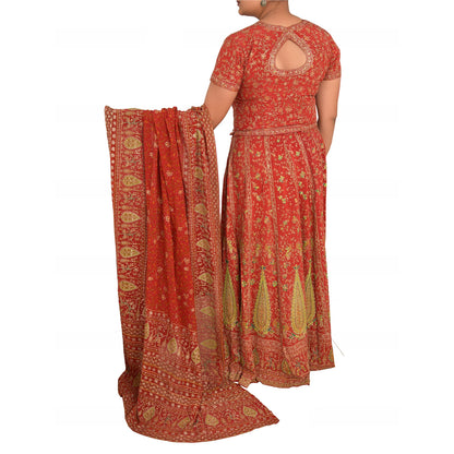 Sanskriti Vintage Pure Crepe Silk Dark Orange Heavy Stitched Lehenga Set Zari