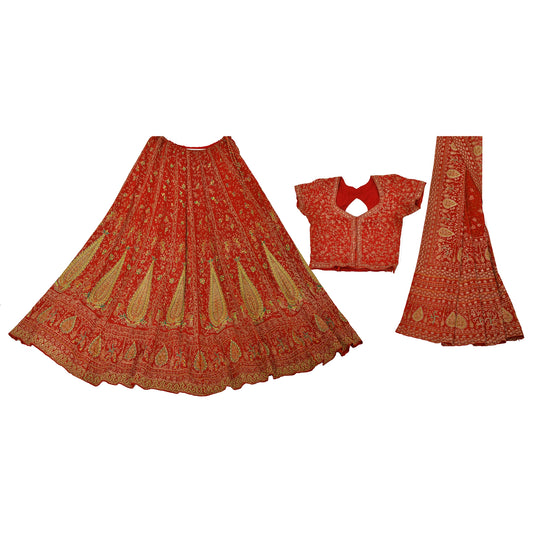 Sanskriti Vintage Pure Crepe Silk Dark Orange Heavy Stitched Lehenga Set Zari