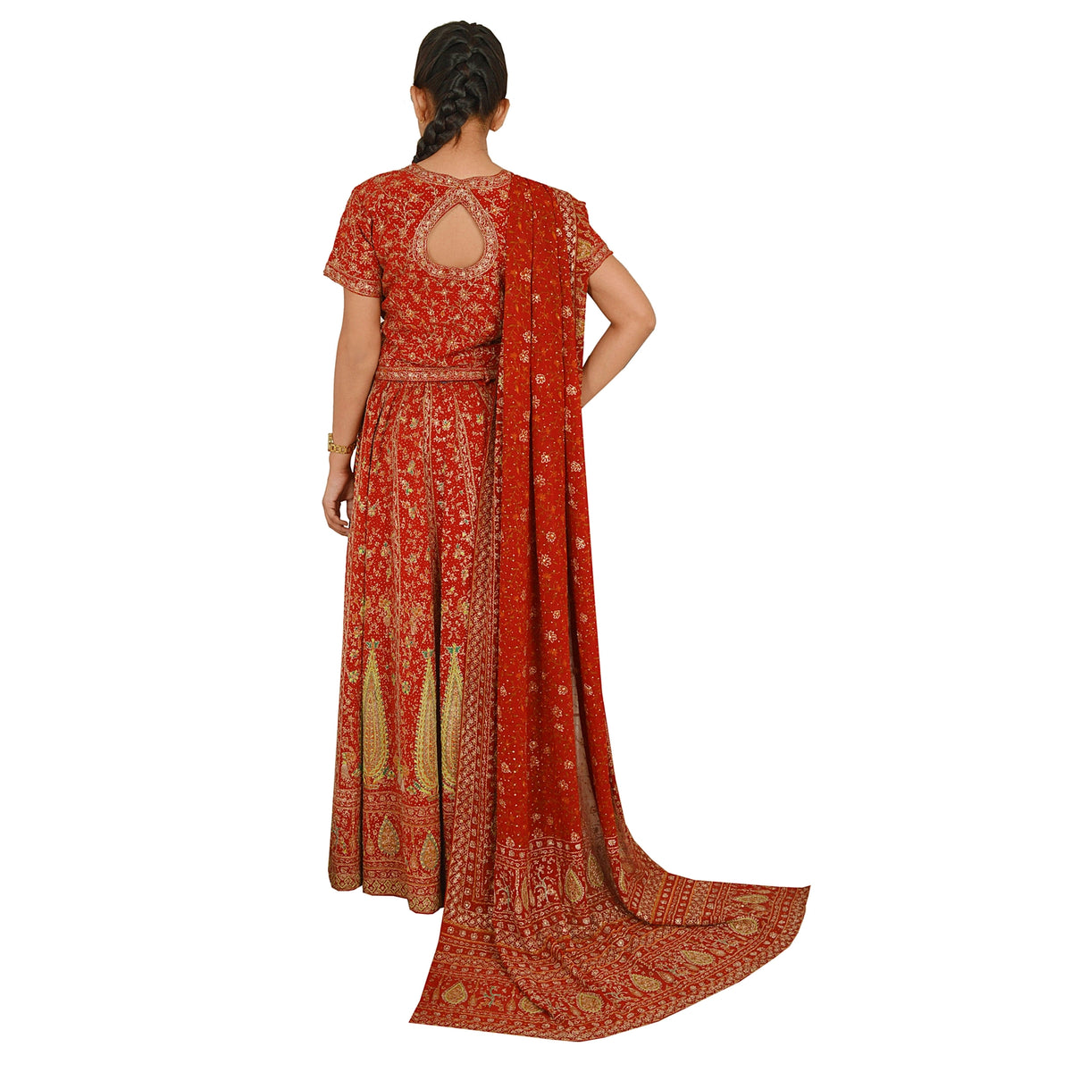 Sanskriti Vintage Pure Crepe Silk Dark Orange Heavy Stitched Lehenga Set Zari