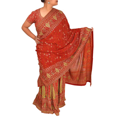 Sanskriti Vintage Pure Crepe Silk Dark Orange Heavy Stitched Lehenga Set Zari