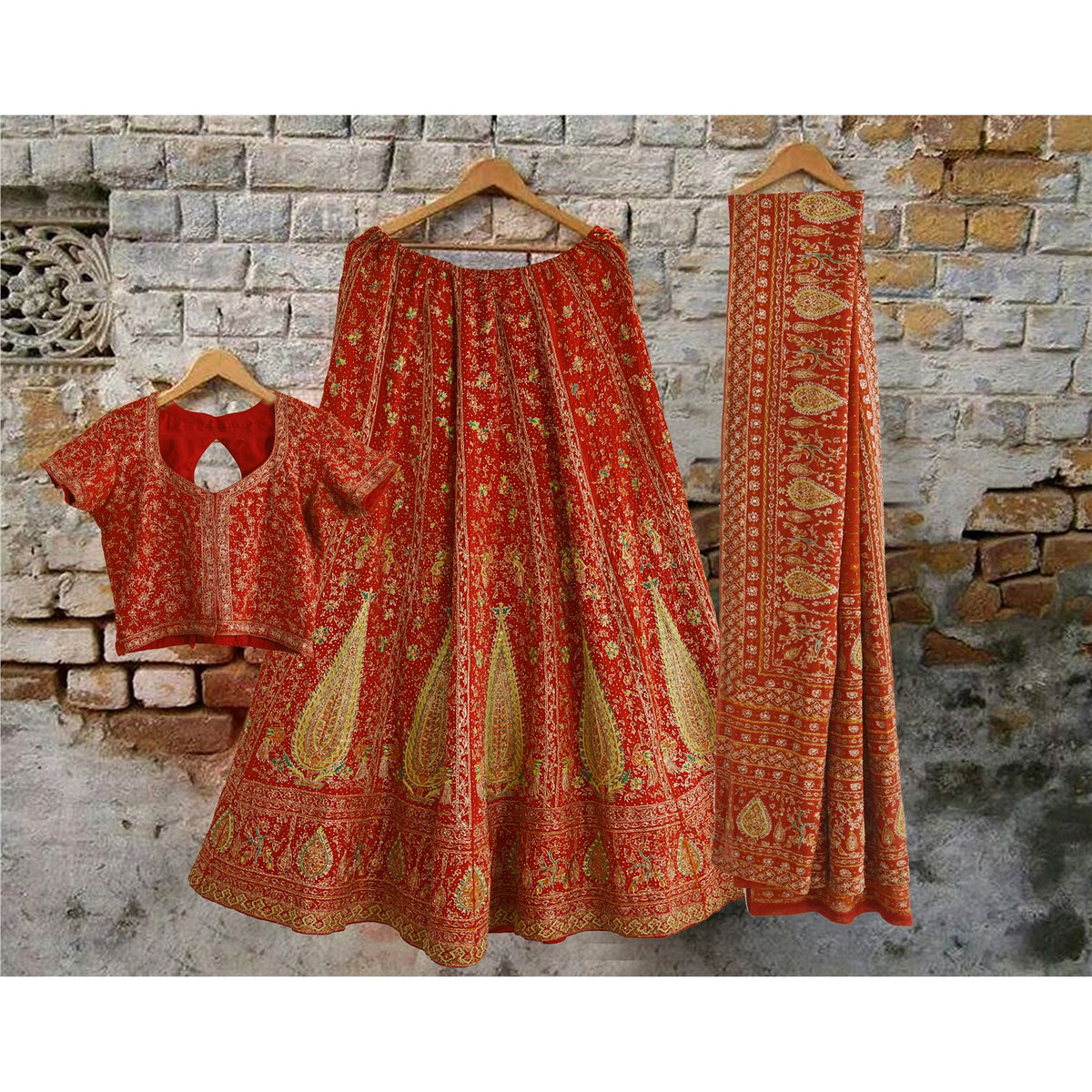 Sanskriti Vintage Pure Crepe Silk Dark Orange Heavy Stitched Lehenga Set Zari