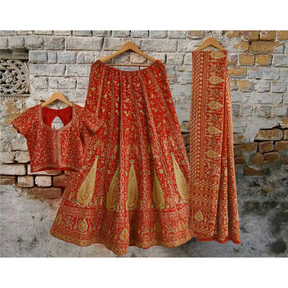 Sanskriti Vintage Pure Crepe Silk Dark Orange Heavy Stitched Lehenga Set Zari