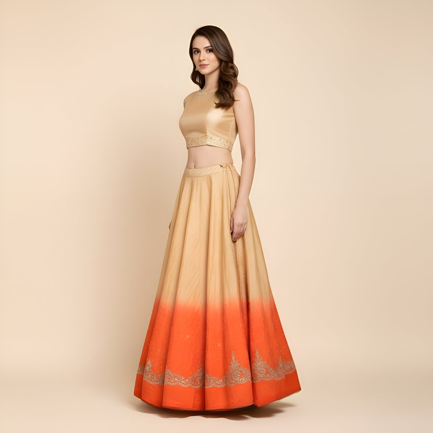 Sanskriti Vintage CreamLong Lehenga Satin Silk Hand Embroidered Zardozi Unstitch