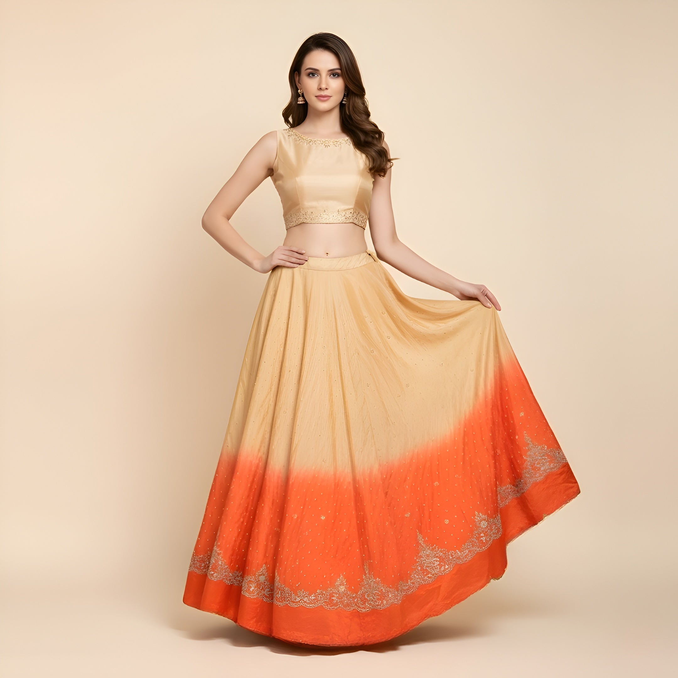 Sanskriti Vintage CreamLong Lehenga Satin Silk Hand Embroidered Zardozi Unstitch