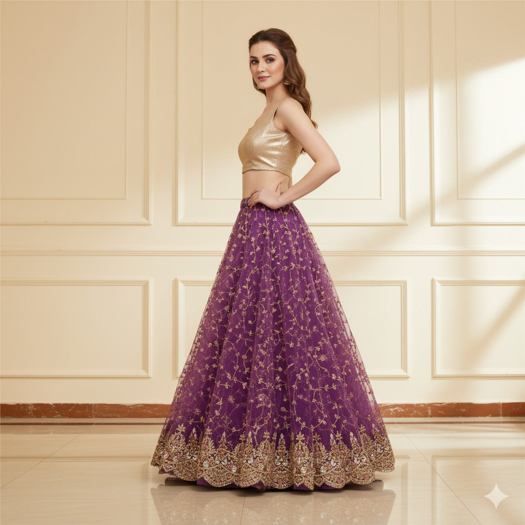 Sanskriti Vintage Purple Long Lehenga Net Mesh Hand Beaded Zardozi Unstitched