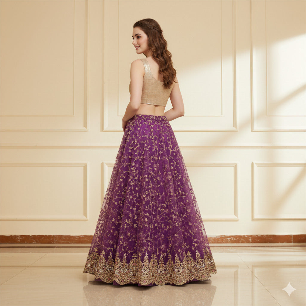 Sanskriti Vintage Purple Long Lehenga Net Mesh Hand Beaded Zardozi Unstitched
