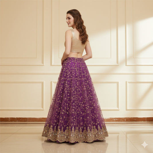 Sanskriti Vintage Purple Long Lehenga Net Mesh Hand Beaded Zardozi Unstitched