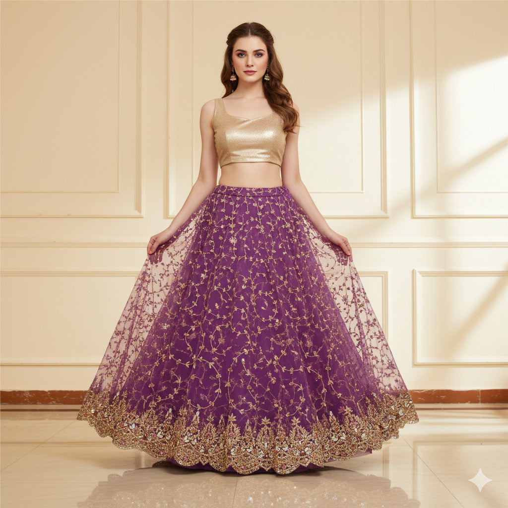 Sanskriti Vintage Purple Long Lehenga Net Mesh Hand Beaded Zardozi Unstitched