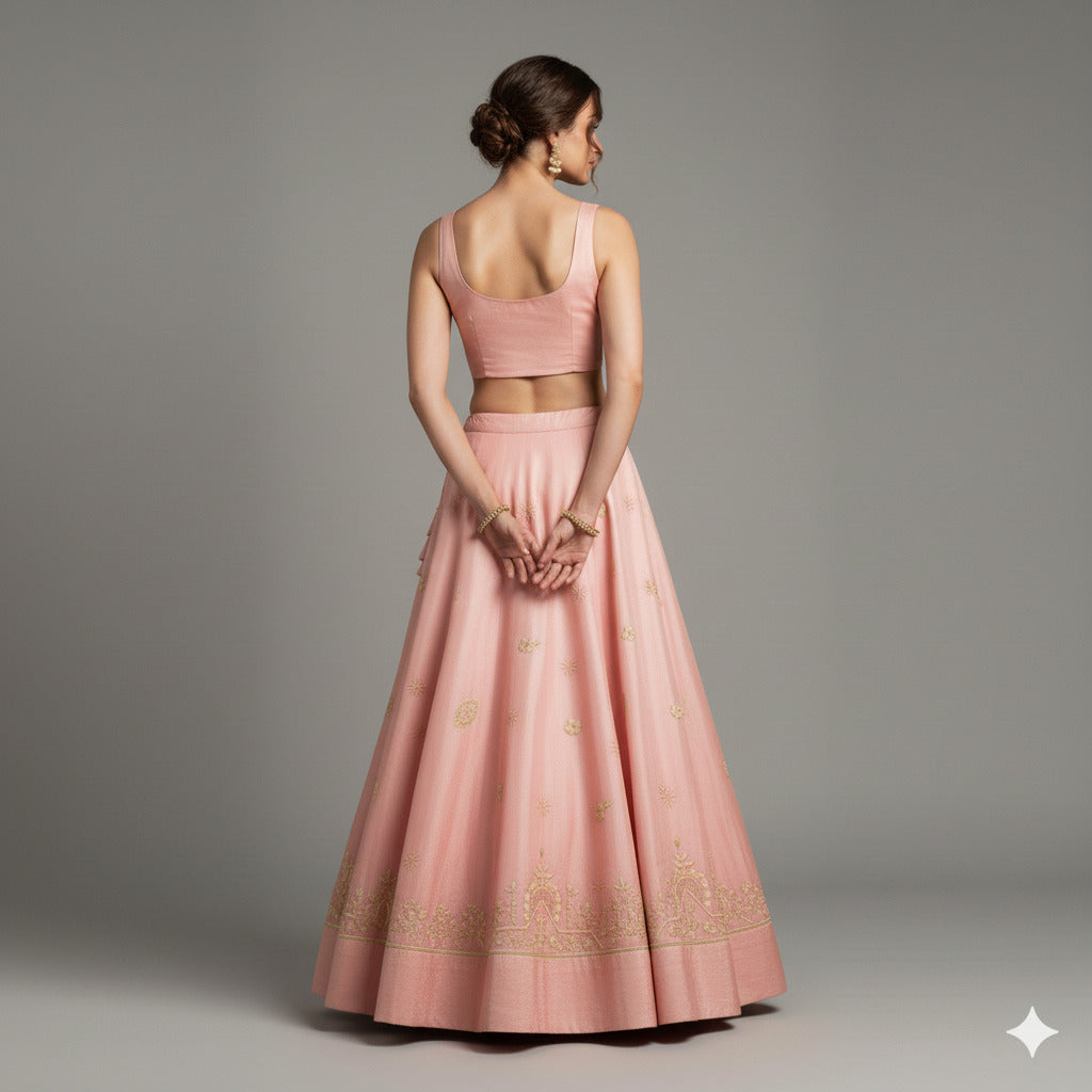 Sanskriti Vintage Pink Long Lehenga Satin Silk Hand Embroidered Zardozi Unstitch