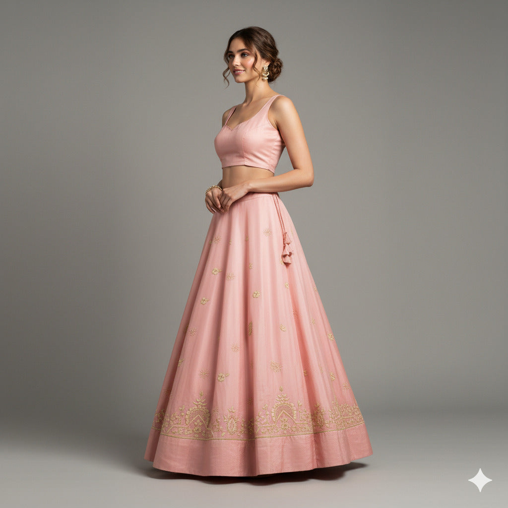 Sanskriti Vintage Pink Long Lehenga Satin Silk Hand Embroidered Zardozi Unstitch