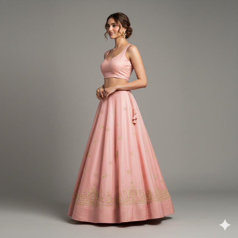 Sanskriti Vintage Pink Long Lehenga Satin Silk Hand Embroidered Zardozi Unstitch