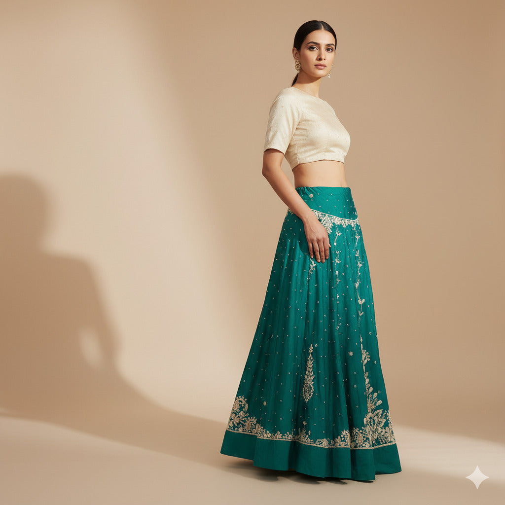 Sanskriti Vintage Green Long Lehenga Art Silk Hand Embroidered Zardozi Unstitch