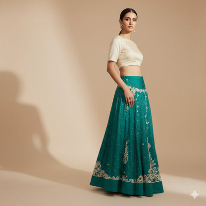 Sanskriti Vintage Green Long Lehenga Art Silk Hand Embroidered Zardozi Unstitch