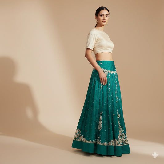 Sanskriti Vintage Green Long Lehenga Art Silk Hand Embroidered Zardozi Unstitch