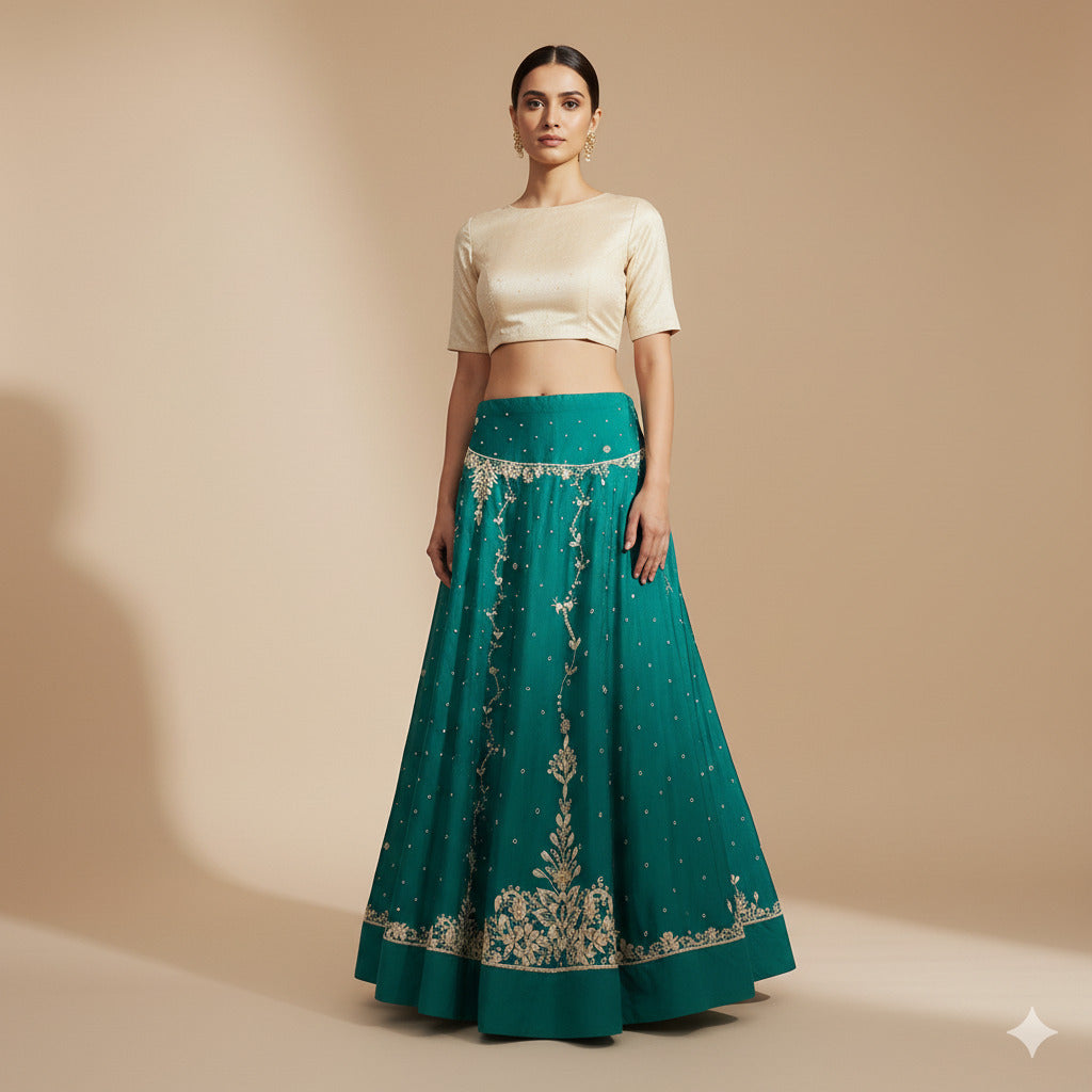 Sanskriti Vintage Green Long Lehenga Art Silk Hand Embroidered Zardozi Unstitch