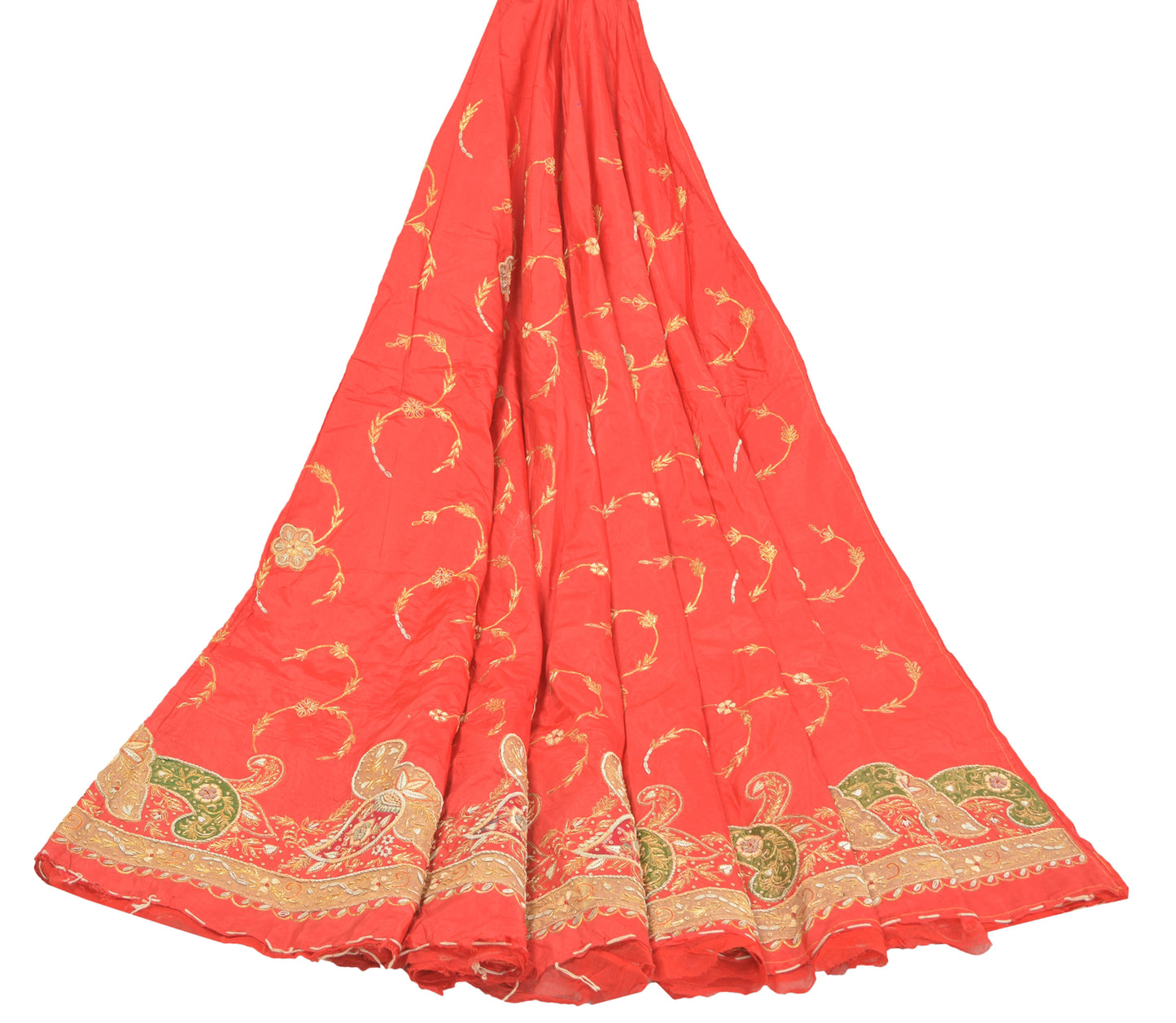 Sanskriti Vintage Red Long Lehenga Art Silk Hand Beaded Zardozi Patch Unstitched