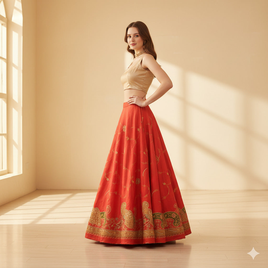 Sanskriti Vintage Red Long Lehenga Art Silk Hand Beaded Zardozi Patch Unstitched