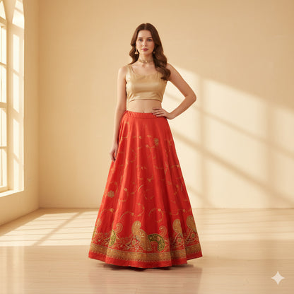 Sanskriti Vintage Red Long Lehenga Art Silk Hand Beaded Zardozi Patch Unstitched