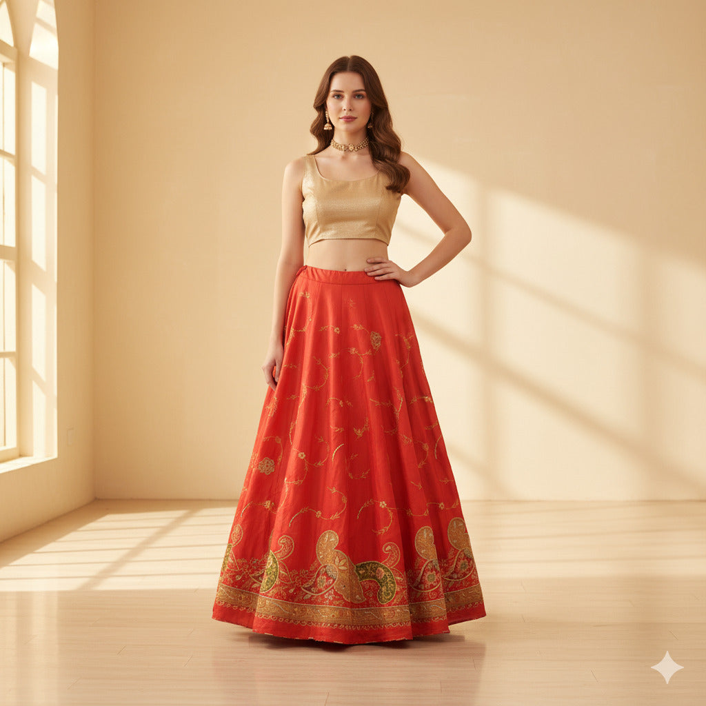 Sanskriti Vintage Red Long Lehenga Art Silk Hand Beaded Zardozi Patch Unstitched