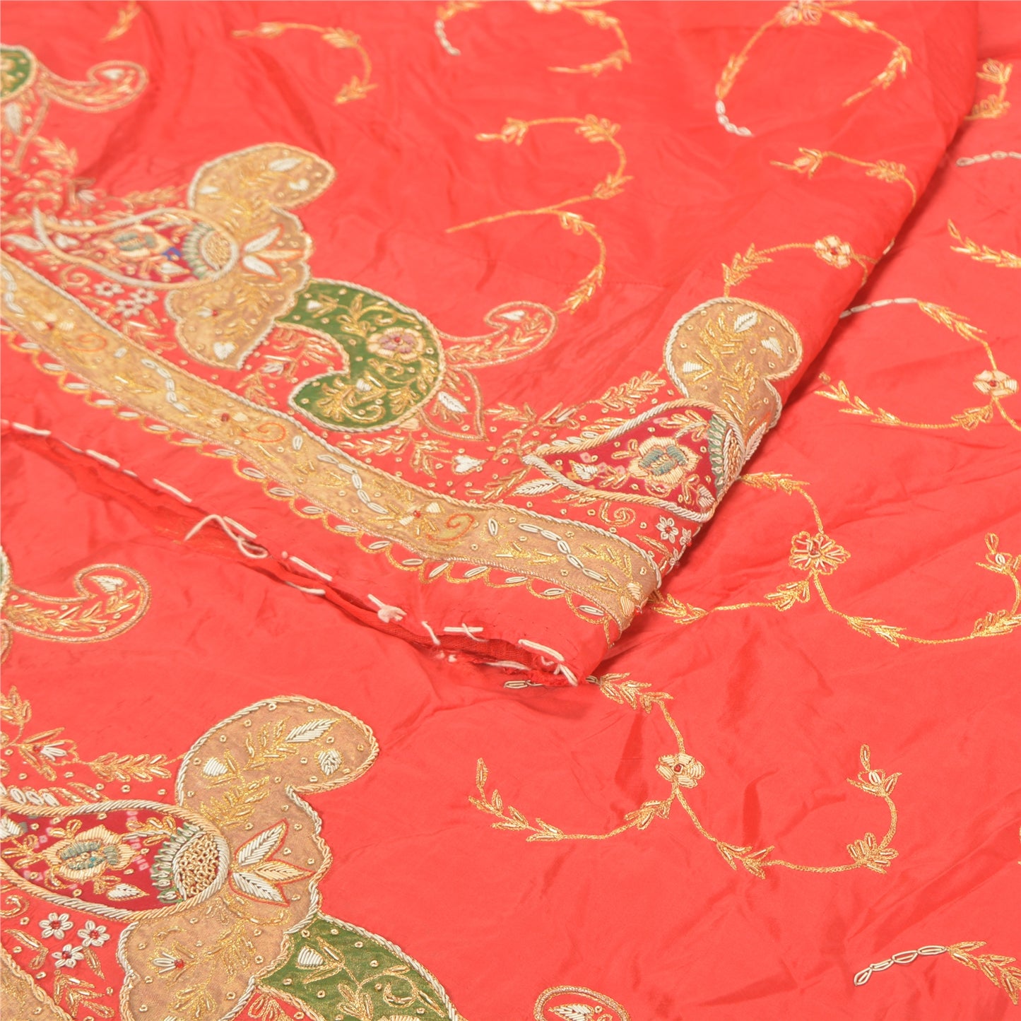 Sanskriti Vintage Red Long Lehenga Art Silk Hand Beaded Zardozi Patch Unstitched