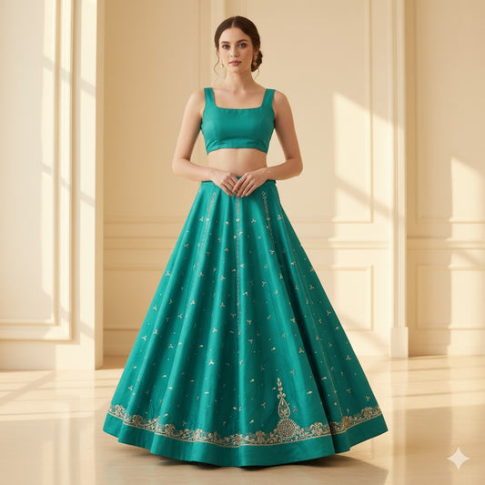 Sanskriti Vintage Green Long Lehenga Art Silk Hand Embroidery Zardozi Unstitched