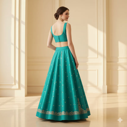 Sanskriti Vintage Green Long Lehenga Art Silk Hand Embroidery Zardozi Unstitched