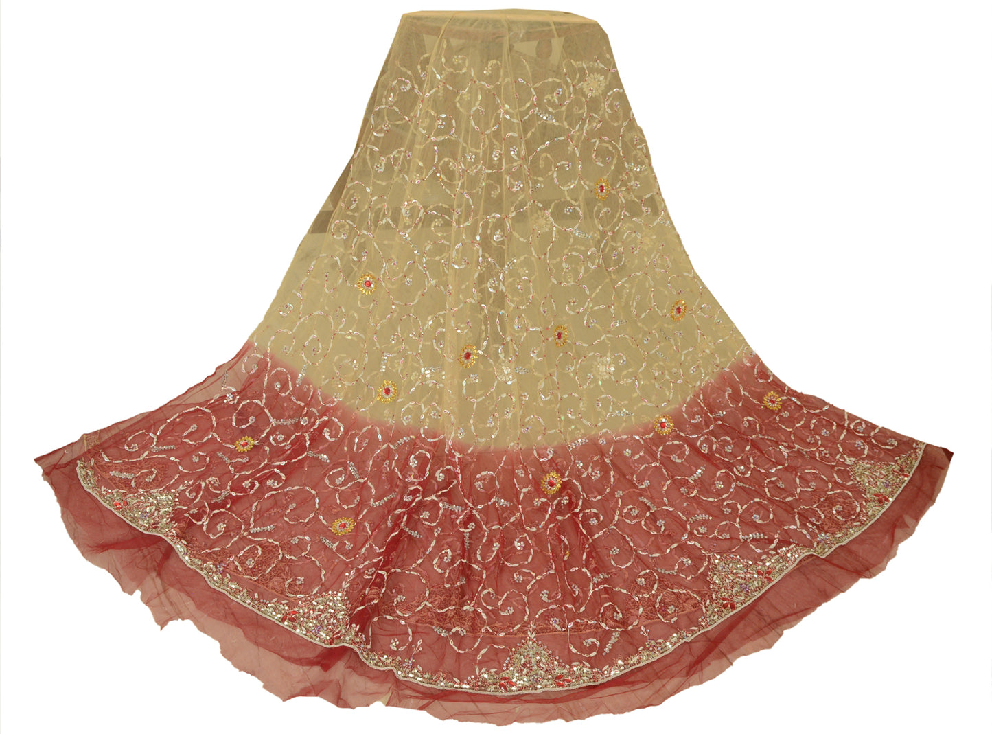 Sanskriti Vintage Beige Long Lehenga Net Mesh Hand Embroidered Zardozi Unstitch