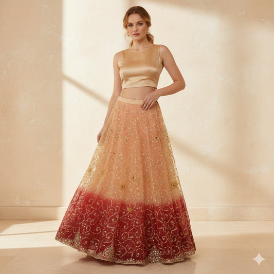 Sanskriti Vintage Beige Long Lehenga Net Mesh Hand Embroidered Zardozi Unstitch