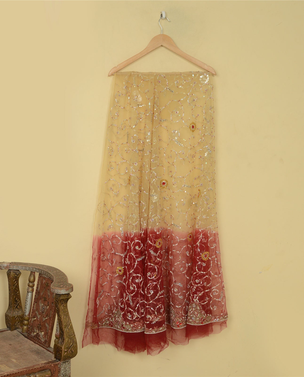 Sanskriti Vintage Beige Long Lehenga Net Mesh Hand Embroidered Zardozi Unstitch