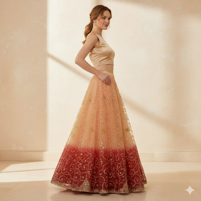 Sanskriti Vintage Beige Long Lehenga Net Mesh Hand Embroidered Zardozi Unstitch