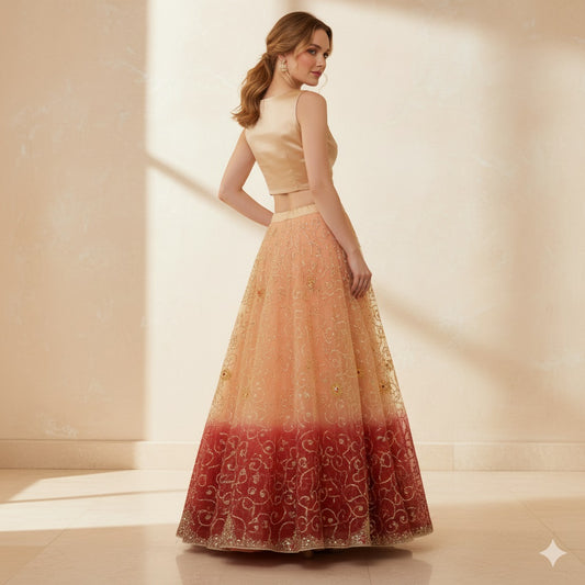 Sanskriti Vintage Beige Long Lehenga Net Mesh Hand Embroidered Zardozi Unstitch