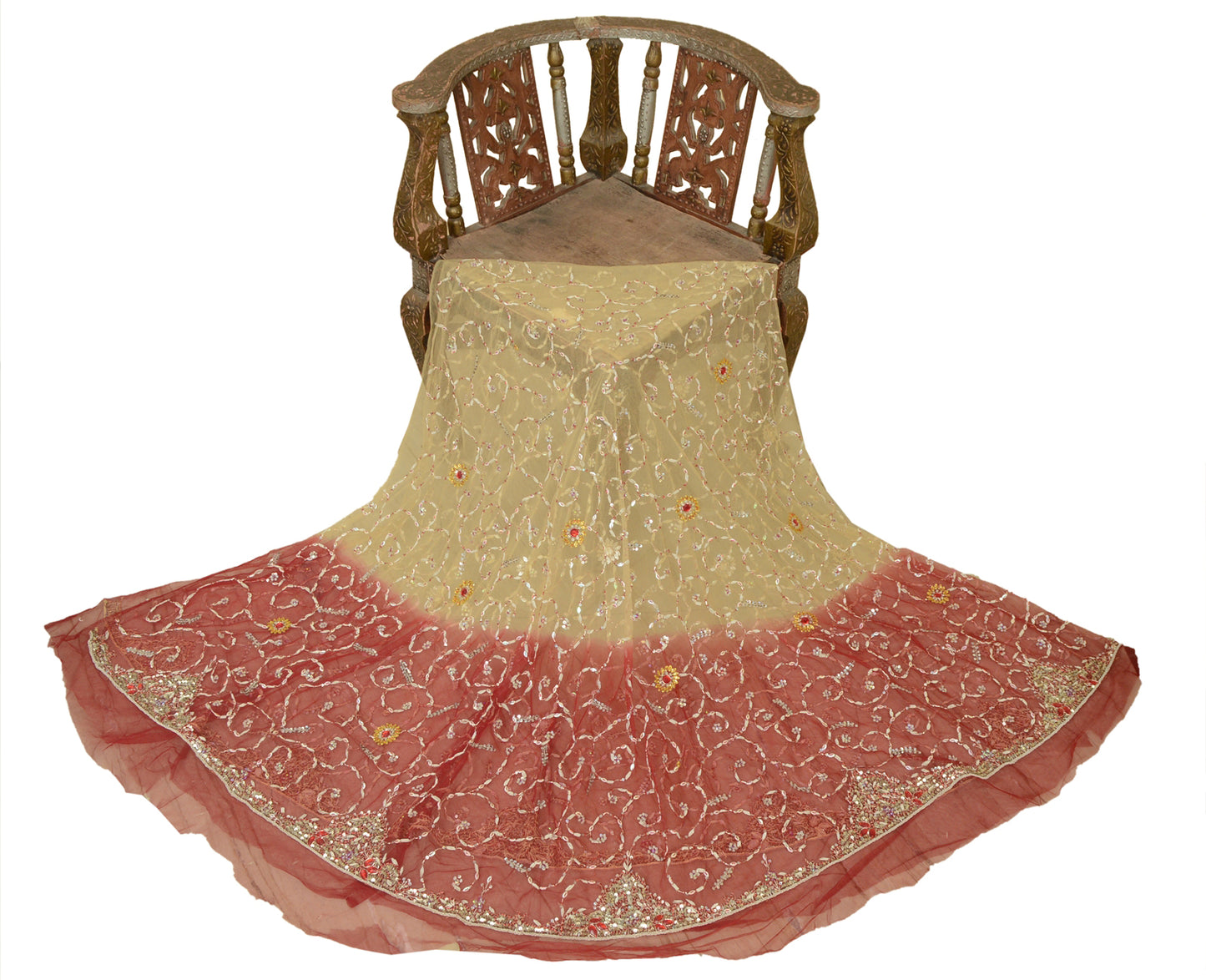 Sanskriti Vintage Beige Long Lehenga Net Mesh Hand Embroidered Zardozi Unstitch