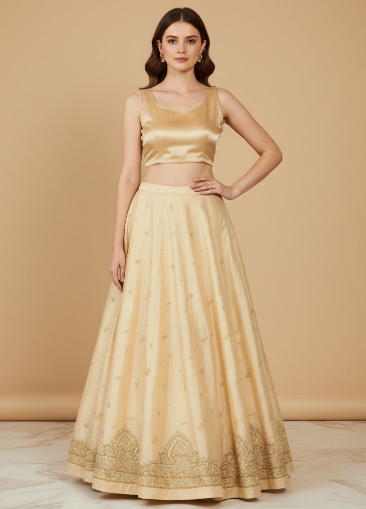 Sanskriti Vintage Cream Long Lehenga Art Silk Hand Embroidered Zardozi Unstitch