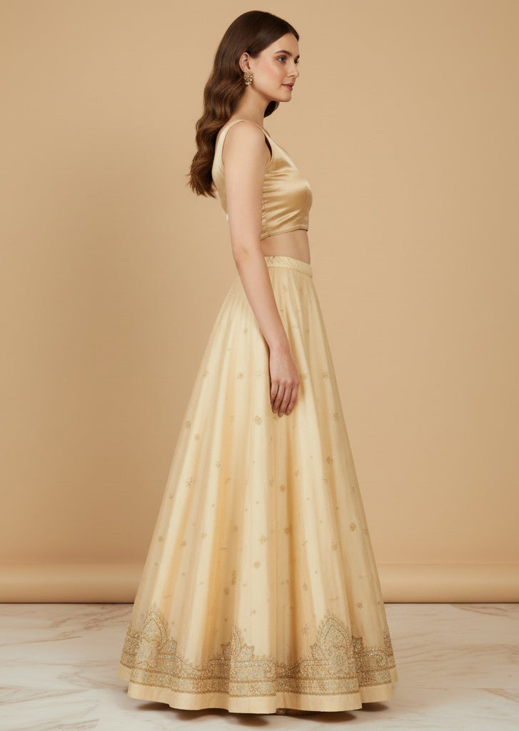 Sanskriti Vintage Cream Long Lehenga Art Silk Hand Embroidered Zardozi Unstitch