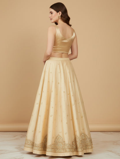 Sanskriti Vintage Cream Long Lehenga Art Silk Hand Embroidered Zardozi Unstitch