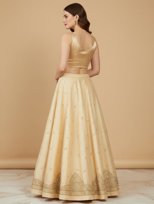 Sanskriti Vintage Cream Long Lehenga Art Silk Hand Embroidered Zardozi Unstitch