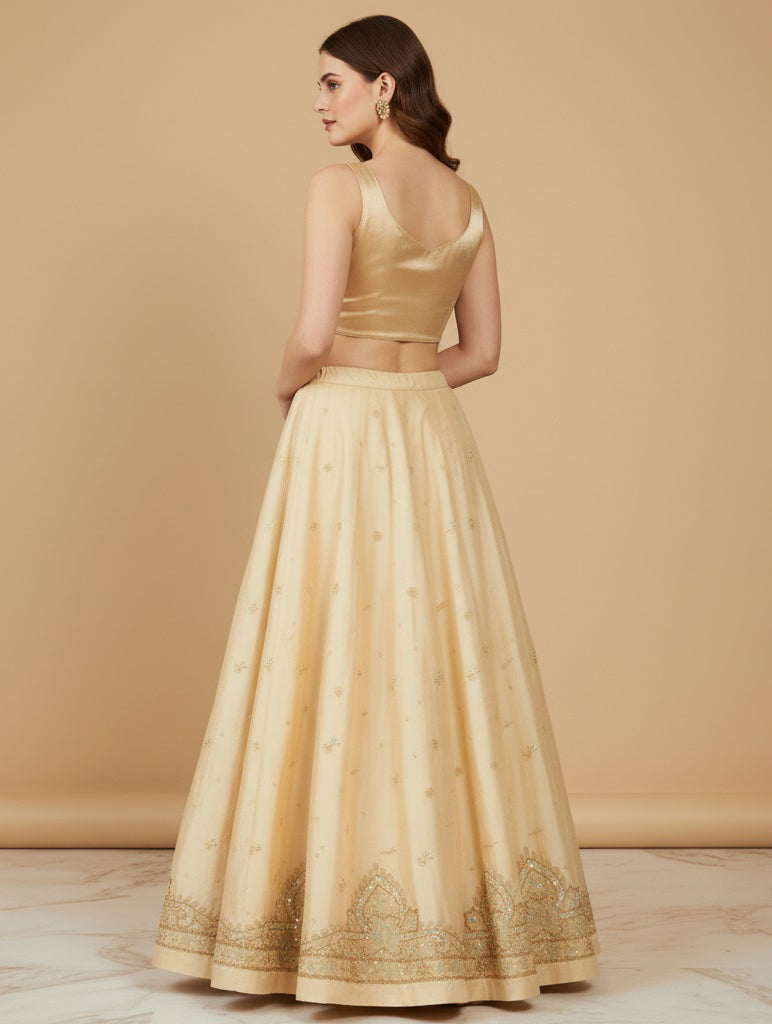 Sanskriti Vintage Cream Long Lehenga Art Silk Hand Embroidered Zardozi Unstitch