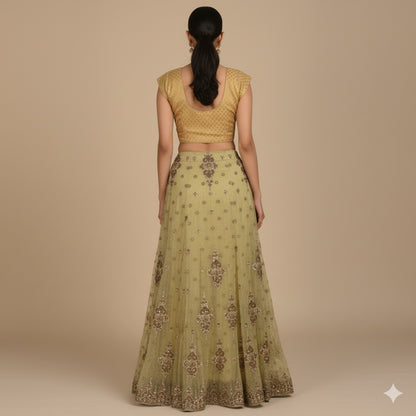 Sanskriti Vintage Green Long Lehenga Net Mesh Hand Embroidered Zardozi Stitched