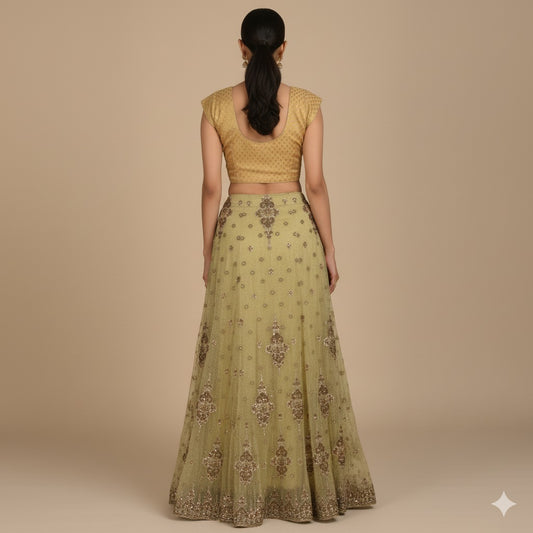 Sanskriti Vintage Green Long Lehenga Net Mesh Hand Embroidered Zardozi Stitched