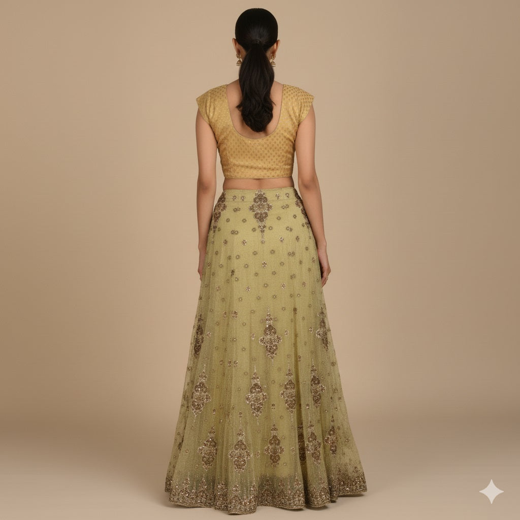 Sanskriti Vintage Green Long Lehenga Net Mesh Hand Embroidered Zardozi Stitched