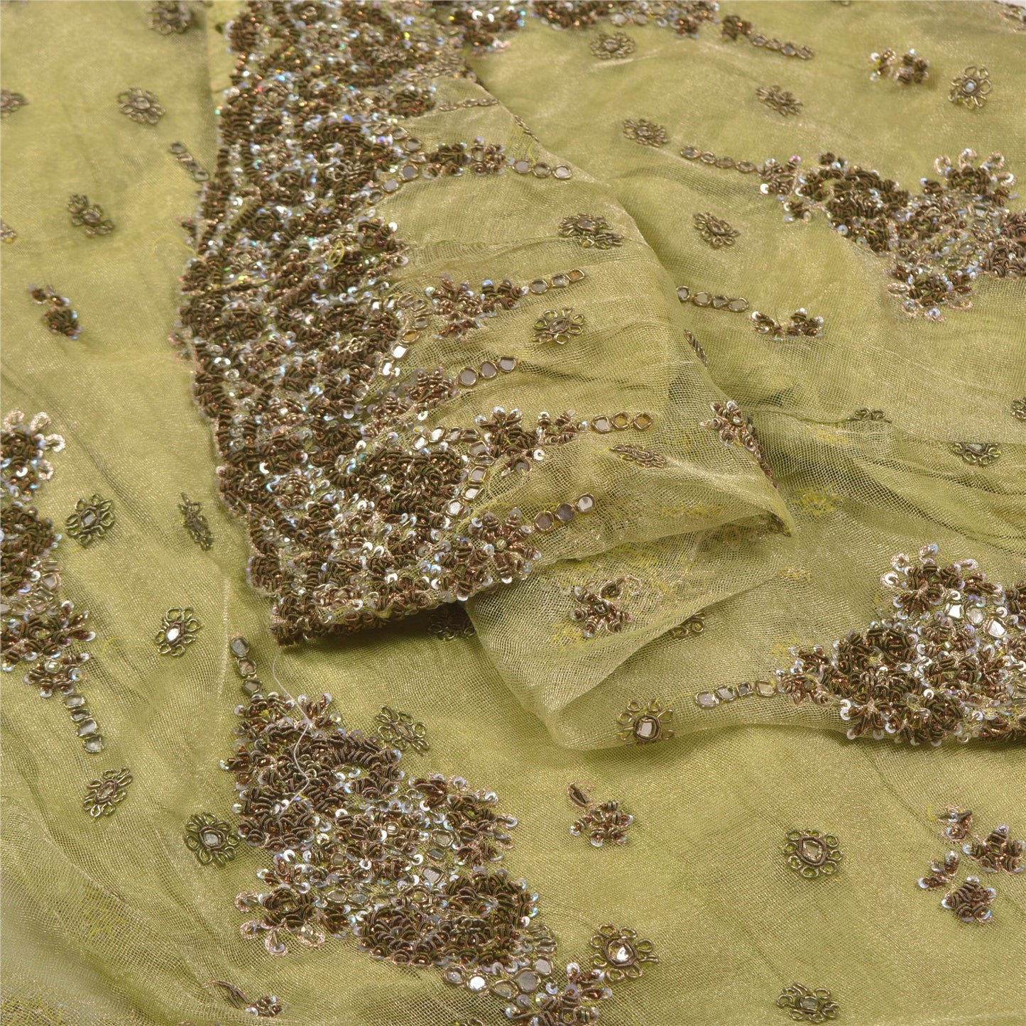 Sanskriti Vintage Green Long Lehenga Net Mesh Hand Embroidered Zardozi Stitched